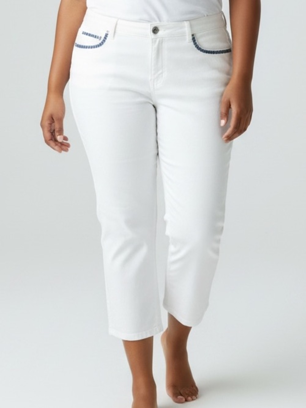 DENIM & Co White Cropped Denim Pants with Contrast Pocket Trim 18w 22” inseam